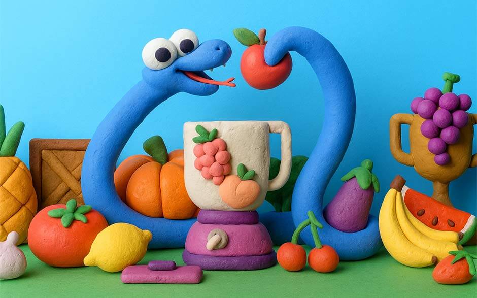 De Google Snake mascotte met fruit en een blender