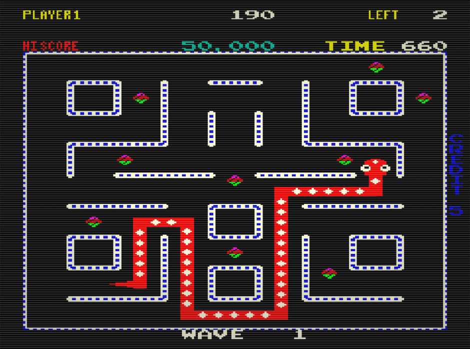 Screenshot van het spel Nibbler (1982) van Rock-Ola