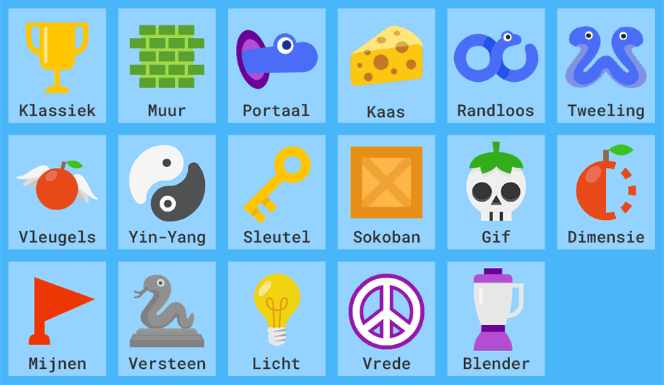 Voorbeeld van alle varianten die je in het Snake spel kunt kiezen
